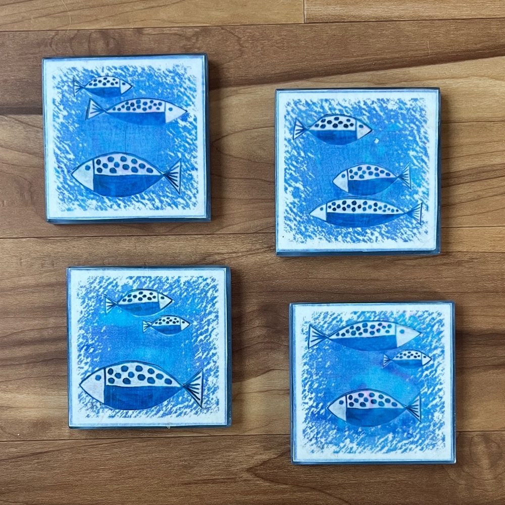 Blue Fish Ceramic Tile Coasters Set of 4 Coastal Nautical Beach House Decor